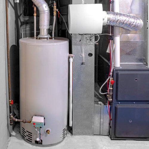 storage room containing a hot water heater